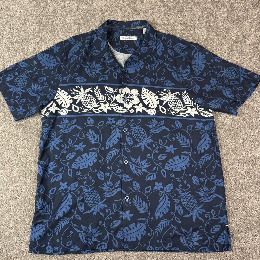 Tommy Bahama Silk Camp Collar Short Sleeve Navy Blue White Button Shirt Large